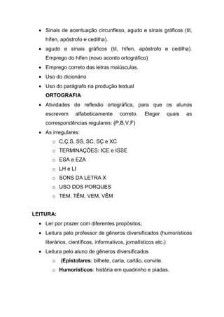 Sinais de acentuação circunflexo, agudo e sinais gráficos (til,
    hífen, apóstrofo e cedilha).
    agudo e sinais gráficos (til, hífen, apóstrofo e cedilha).
    Emprego do hífen (novo acordo ortográfico)
    Emprego correto das letras maiúsculas.
    Uso do dicionário
    Uso do parágrafo na produção textual
    ORTOGRAFIA
    Atividades de reflexão ortográfica, para que os alunos
    escrevem      alfabeticamente      correto.    Eleger        quais   as
    correspondências regulares: (P,B,V,F)
    As irregulares:
       o C,Ç,S, SS, SC, SÇ e XC
       o TERMINAÇÕES: ICE e ISSE
       o ESA e EZA
       o LH e LI
       o SONS DA LETRA X
       o USO DOS PORQUES
       o TEM, TÊM, VEM, VÊM


LEITURA:
    Ler por prazer com diferentes propósitos;
    Leitura pelo professor de gêneros diversificados (humorísticos
    literários, científicos, informativos, jornalísticos etc.)
    Leitura pelo aluno de gêneros diversificados
       o (Epistolares: bilhete, carta, cartão, convite.
       o Humorísticos: história em quadrinho e piadas.
 