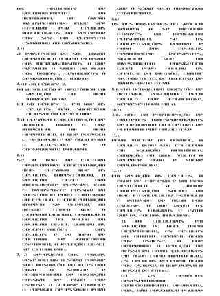as        proteínas       de         que o sódio seja absorvido
  reconhecimento          da         ativamente.
  membrana,     um     órgão        8. d
  transplantado    pode  ser        Os íons mostrados no gráfico
  atacado    por     células           tendem      a    se    difundir
  imunológicas do receptor             através       da     membrana
  por   ser   um    elemento           plasmática.         Se      as
  estranho ao organismo.               concentrações       dentro    e
3. a                                   fora        das        células
A existência do sal torna              permanecem         diferentes,
   hipertônico o meio externo          significa        que        há
   aos microrganismos, o que           investimento        energético
   provoca a saída de água             (ATP)     para    anular    os
   por osmose, levando-os à            efeitos da difusão. Trata-
   desidratação e morte.               se, portanto, de um caso de
4. a) Ao béquer 2.                     transporte ativo.
b) A solução é hipotônica em        9. Está ocorrendo digestão de
     relação       ao      meio        material  englobado   pela
     intracelular.                     célula   por   fagocitose,
c) No béquer 1, em que as              representada em A.
     células   não    sofreram      10. a
     alteração de volume.           II.    Não  há participação  de
5. A elevada concentração de            proteínas transportadoras
   manitol    torna   a   luz           de membrana na captura de
   intestinal      um    meio           alimento por fagocitose.
   hipertônico, o que provoca       11. e
   o transporte de água para        Para    voltar  ao normal,   a
   o     intestino     e    a           célula deve ser colocada
   consequente diarreia.                em    solução   hipotônica,
6. b                                    condição na qual volta a
Se      o  meio     de    cultura       receber   água   e   sofre
   apresentava concentração             deplasmólise.
   mais    elevada       que   as   12. b
   células     (hipertônico),   a   Em     relação  às   células,   a
   relação        CE/CI       era       água de torneira é um meio
   inicialmente elevada. Com            hipotônico.     A      maior
   o   transporte     passivo  da       concentração     salina    do
   substância para o interior           meio intracelular estimula
   da célula, a concentração            a   entrada  de   água   por
   interna    se     elevou,   ao       osmose,   o  que   deixa   as
   mesmo      tempo       que   a       células   túrgidas  e   evita
   externa diminuiu, levando à          que as folhas murchem.
   redução      no    valor    da      13.   a)    Colocadas     em
   relação CE/CI. Quando as
                                       solução     de   NaCl   (meio
   concentrações              das
                                       hipertônico),   as   células
   células     e   do    meio  de
                                       da   batata    perdem   água
   cultura       se    igualaram
                                       por      osmose,    o    que
   (isotonia), a relação CE/CI
                                       determina    a  redução   de
   se estabilizou.
                                       massa da fatia. Colocadas
7.    A reposição   das   perdas       em água (meio hipotônico),
     deve incluir o sódio porque       as células recebem água
     sua absorção do intestino         por osmose, o que eleva a
     para     o     sangue     é       massa da fatia.
     acompanhada de absorção           b)        As        hemácias
     passiva    de   água    por       apresentariam
     osmose. A glicose fornece         comportamento diferente,
     a energia necessária para         pois, não possuindo parede
 