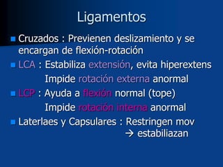 Ligamentos
 Cruzados : Previenen deslizamiento y se
encargan de flexión-rotación
 LCA : Estabiliza extensión, evita hiperextens
Impide rotación externa anormal
 LCP : Ayuda a flexión normal (tope)
Impide rotación interna anormal
 Laterlaes y Capsulares : Restringen mov
 estabiliazan
 