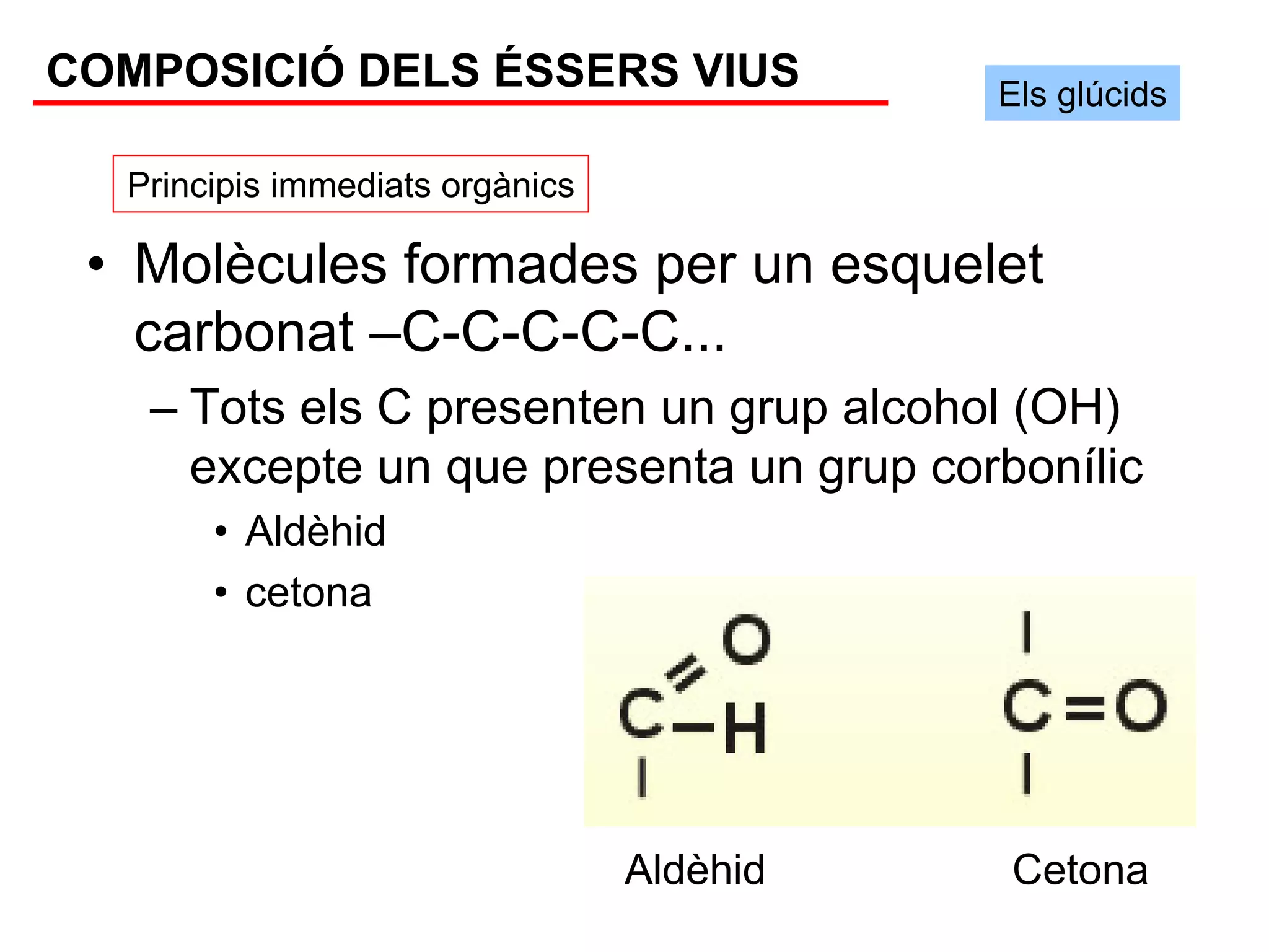 COMPOSICIÓ DELS ÉSSERS VIUS                Els glúcids

  Principis immediats orgànics

 • Molècules formades per un esquelet
   carbonat –C-C-C-C-C...
   – Tots els C presenten un grup alcohol (OH)
     excepte un que presenta un grup corbonílic
       • Aldèhid
       • cetona




                                 Aldèhid   Cetona
 