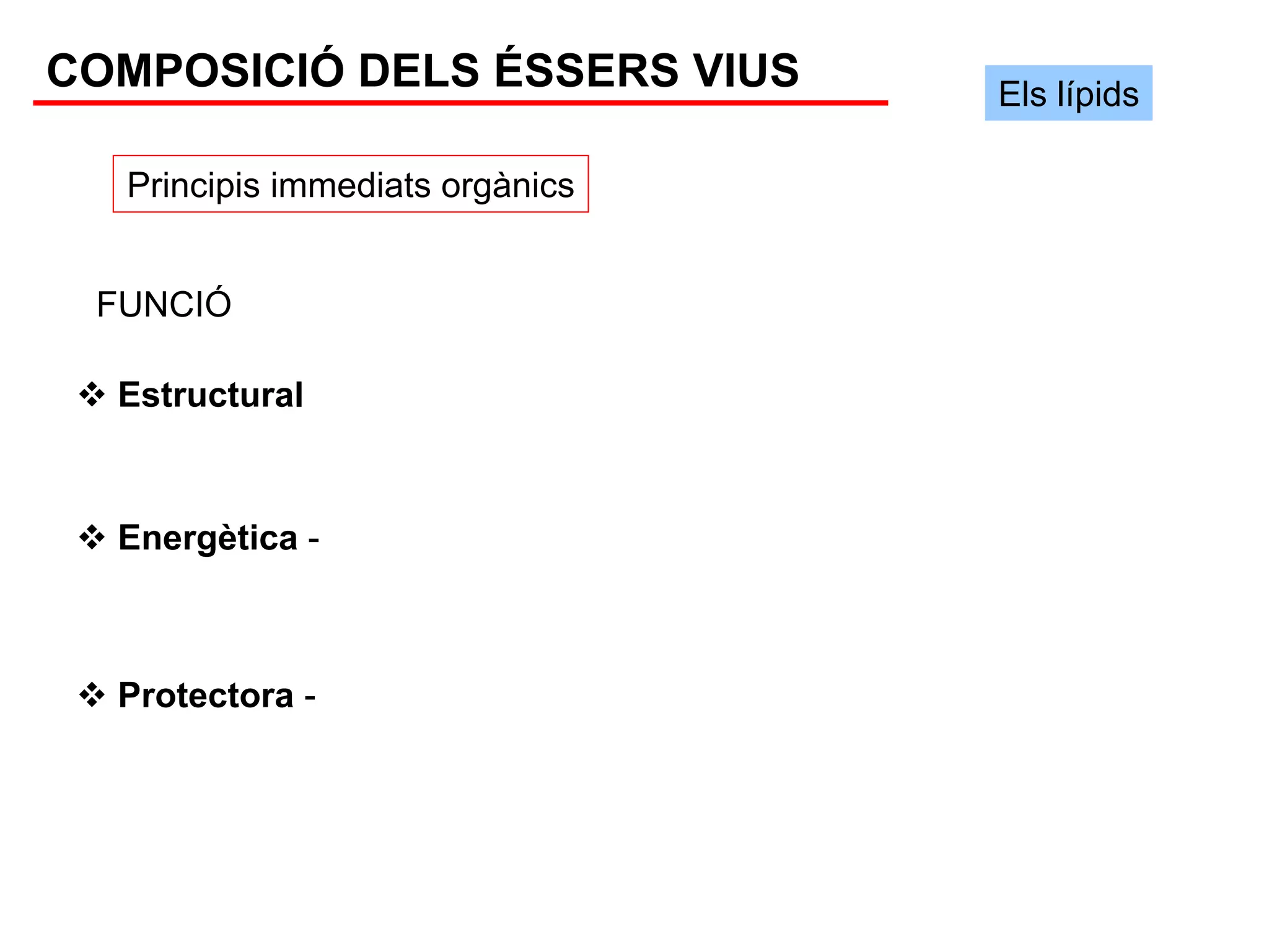 COMPOSICIÓ DELS ÉSSERS VIUS      Els lípids

  Principis immediats orgànics


 FUNCIÓ

  Estructural



  Energètica -



  Protectora -
 