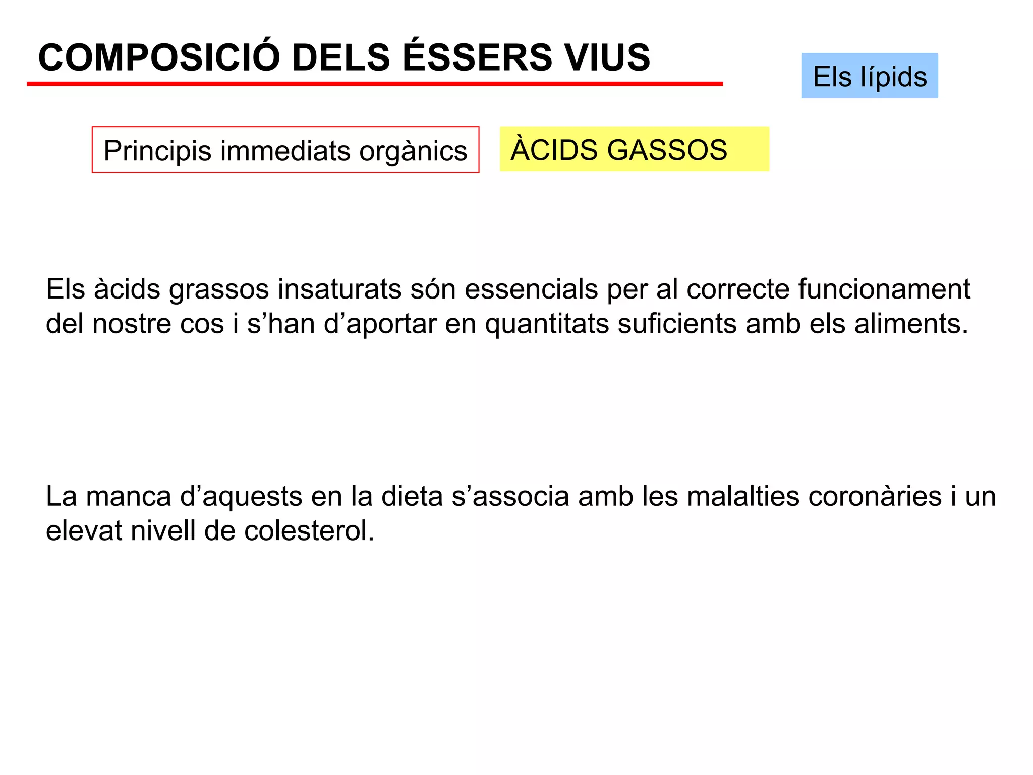 COMPOSICIÓ DELS ÉSSERS VIUS                                   Els lípids

    Principis immediats orgànics     ÀCIDS GASSOS



Els àcids grassos insaturats són essencials per al correcte funcionament
del nostre cos i s’han d’aportar en quantitats suficients amb els aliments.




La manca d’aquests en la dieta s’associa amb les malalties coronàries i un
elevat nivell de colesterol.
 