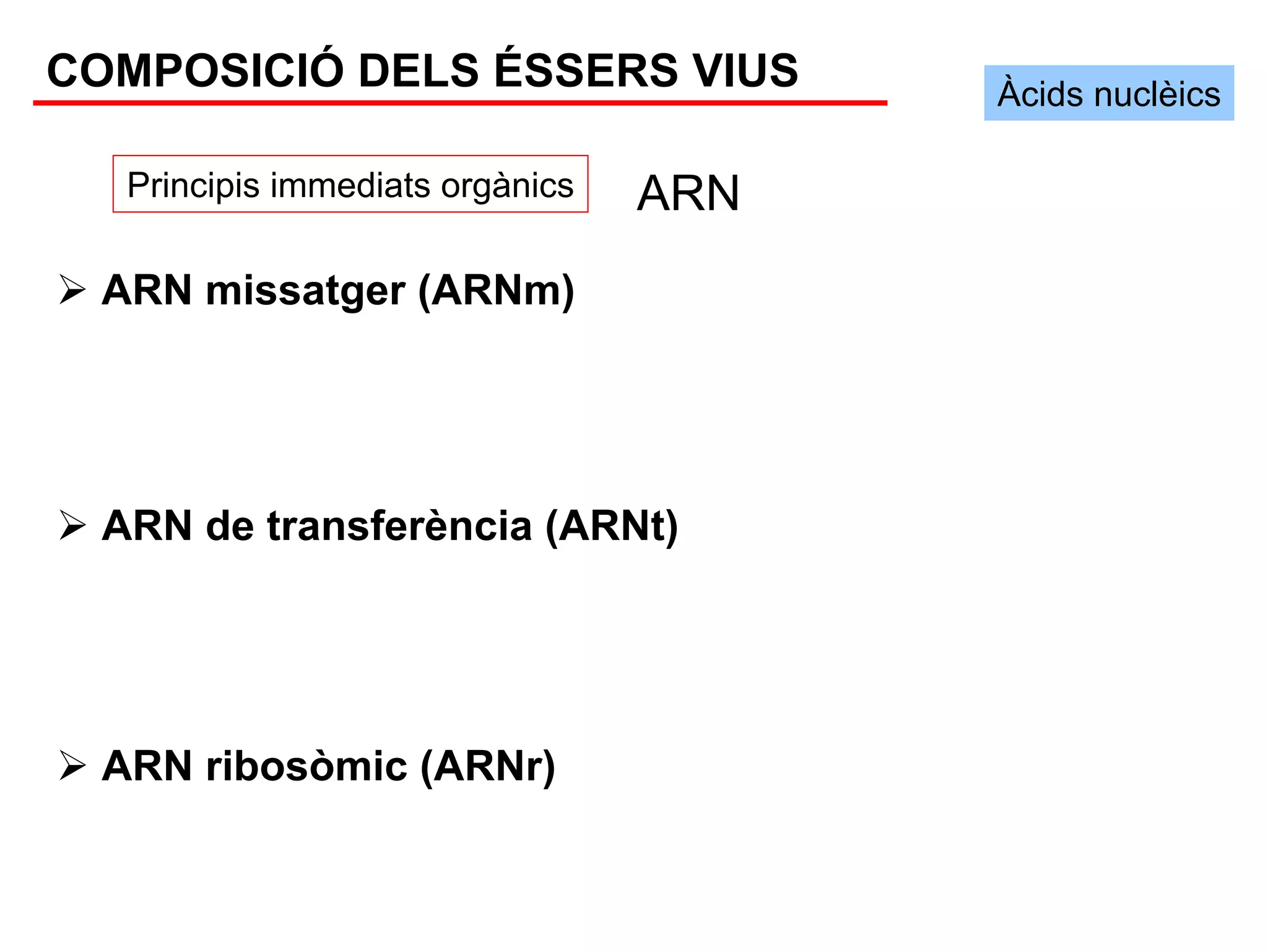 COMPOSICIÓ DELS ÉSSERS VIUS            Àcids nuclèics

  Principis immediats orgànics   ARN
 ARN missatger (ARNm)




 ARN de transferència (ARNt)




 ARN ribosòmic (ARNr)
 