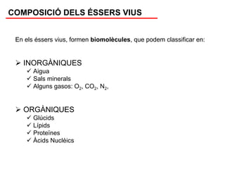 COMPOSICIÓ DELS ÉSSERS VIUS


 En els éssers vius, formen biomolècules, que podem classificar en:


   INORGÀNIQUES
       Aigua
       Sals minerals
       Alguns gasos: O2, CO2, N2,


   ORGÀNIQUES
       Glúcids
       Lípids
       Proteïnes
       Àcids Nuclèics
 