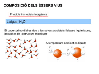 COMPOSICIÓ DELS ÉSSERS VIUS

    Principis immediats inorgànics

 L’aigua: H2O

El paper primordial es deu a les seves propietats físiques i químiques,
derivades de l’estructura molecular


                                  A temperatura ambient es líquida
 