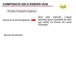 COMPOSICIÓ DELS ÉSSERS VIUS
                                                             H2O
     Principis immediats inorgànics

                                      Gran calor específic. L’aigua
Intervé en la termorregulació         absorbeix grans quantitats de calor
                                      que utilitza en trencar els ponts
                                      d'hidrogen



 Serveix de lubricant
 