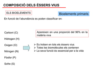COMPOSICIÓ DELS ÉSSERS VIUS

 ELS BIOELEMENTS                               Bioelements primaris
En funció de l’abundància es poden classificar en:




Carboni (C)                 Apareixen en una proporció del 96% en la
                            matèria viva
Hidrogen (H)

Oxigen (O)                 Es troben en tots els éssers vius
                           Totes les biomolècules els contenen
Nitrogen (N)               La seva funció és essencial per a la vida

Fòsfor (P)

Sofre (S)
 