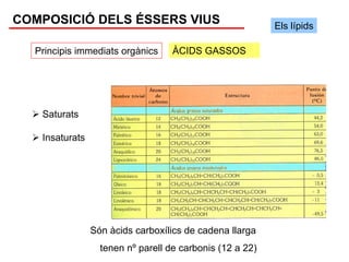 COMPOSICIÓ DELS ÉSSERS VIUS                               Els lípids

  Principis immediats orgànics     ÀCIDS GASSOS




   Saturats

   Insaturats




                Són àcids carboxílics de cadena llarga
                  tenen nº parell de carbonis (12 a 22)
 