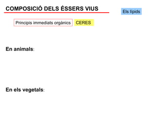 COMPOSICIÓ DELS ÉSSERS VIUS                Els lípids

    Principis immediats orgànics   CERES




En animals:




En els vegetals:
 