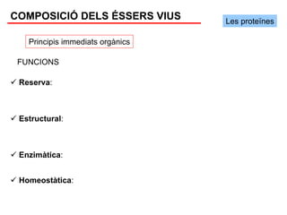 COMPOSICIÓ DELS ÉSSERS VIUS       Les proteïnes

   Principis immediats orgànics

 FUNCIONS

 Reserva:



 Estructural:



 Enzimàtica:


 Homeostàtica:
 