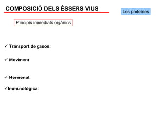 COMPOSICIÓ DELS ÉSSERS VIUS       Les proteïnes

   Principis immediats orgànics




Transport de gasos:


Moviment:



Hormonal:

Immunològica:
 