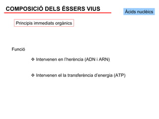 COMPOSICIÓ DELS ÉSSERS VIUS                              Àcids nuclèics

  Principis immediats orgànics




 Funció

            Intervenen en l’herència (ADN i ARN)


            Intervenen el la transferència d’energia (ATP)
 