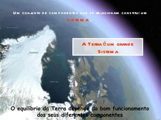 U m conj nto d e com p one nte s qu e s e re lacionam cons titu i u m
        u
                         s is te m a…


                                   A Terra é um grand e
                                         Sistem a




O equilíbrio da Terra depende do bom funcionamento
           dos seus diferentes componentes
 