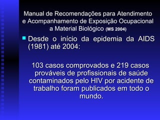 Manual de Recomendações para Atendimento
e Acompanhamento de Exposição Ocupacional
a Material Biológico (MS 2004)


Desde o início da epidemia da AIDS
(1981) até 2004:
103 casos comprovados e 219 casos
prováveis de profissionais de saúde
contaminados pelo HIV por acidente de
trabalho foram publicados em todo o
mundo.

 
