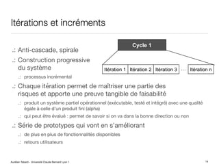 Aurélien Tabard - Université Claude Bernard Lyon 1
Itérations et incréments
.: Anti-cascade, spirale
.: Construction progressive
du système
.: processus incrémental
.: Chaque itération permet de maîtriser une partie des
risques et apporte une preuve tangible de faisabilité
.: produit un système partiel opérationnel (exécutable, testé et intégré) avec une qualité
égale à celle d’un produit fini (alpha)
.: qui peut être évalué : permet de savoir si on va dans la bonne direction ou non
.: Série de prototypes qui vont en s’améliorant
.: de plus en plus de fonctionnalités disponibles
.: retours utilisateurs
14
Itération 1 Itération 2 Itération 3 Itération n
…
Cycle 1
 
