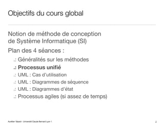 Aurélien Tabard - Université Claude Bernard Lyon 1
Objectifs du cours global
Notion de méthode de conception
de Système Informatique (SI)
Plan des 4 séances :
.: Généralités sur les méthodes
.: Processus unifié
.: UML : Cas d’utilisation
.: UML : Diagrammes de séquence
.: UML : Diagrammes d’état
.: Processus agiles (si assez de temps)
2
 