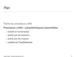 Aurélien Tabard - Université Claude Bernard Lyon 1
Plan
Trame du processus unifié
Processus unifié : caractéristiques essentielles
.: itératif et incrémental
.: piloté par les besoins
.: piloté par les risques
.: centré sur l’architecture
31
 