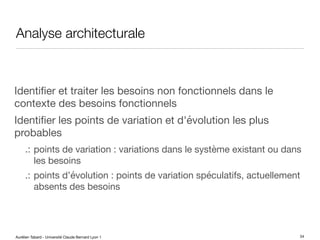 Aurélien Tabard - Université Claude Bernard Lyon 1
Analyse architecturale
Identifier et traiter les besoins non fonctionnels dans le
contexte des besoins fonctionnels
Identifier les points de variation et d'évolution les plus
probables
.: points de variation : variations dans le système existant ou dans
les besoins
.: points d’évolution : points de variation spéculatifs, actuellement
absents des besoins
34
 