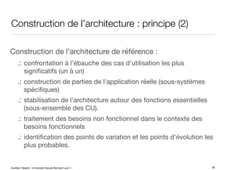 Aurélien Tabard - Université Claude Bernard Lyon 1
Construction de l’architecture : principe (2)
Construction de l’architecture de référence :
.: confrontation à l’ébauche des cas d’utilisation les plus
significatifs (un à un)
.: construction de parties de l’application réelle (sous-systèmes
spécifiques)
.: stabilisation de l’architecture autour des fonctions essentielles
(sous-ensemble des CU).
.: traitement des besoins non fonctionnel dans le contexte des
besoins fonctionnels
.: identification des points de variation et les points d'évolution les
plus probables.
36
 