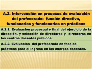A.2. Intervención en procesos de evaluación 
del profesorado: función directiva, 
funcionarios y funcionarias en prácticas 
A.2.1. Evaluación procesual y final del ejercicio de la 
dirección, y selección de directores y directoras en 
los centros docentes públicos. 
A.2.2. Evaluación del profesorado en fase de 
prácticas para el ingreso en los cuerpos docentes. 
 