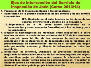 Ejes de intervención del Servicio de 
Inspección de Jaén (Curso 2013/14) 
1. Formación de la inspección ligada a las actuaciones: 
• Supervisión de la gestión económica de los centros y de los centros 
concertados. 
• IFC: Centrada en el aula, Análisis de los datos de los 
centros, informe final y efectos de la actuación. 
1. Seguimiento de la IFC como factor favorecedor de la 
intervención y como elemento formativo para los centros y para 
la inspección. 
1. Mejorar la homologación de mensajes entre inspectores o entre 
equipos de zona, a través de los acuerdos del ECP, de las reuniones 
del servicio para tal fin, de las sesiones formativas que se 
planifiquen y de la elaboración de documentos que lo faciliten, con 
procedimientos de comunicación interna en el servicio que hagan 
más permeable, cercana y directa la información a todos los 
miembros. 
2. Homologar los informes, utilizando los protocolos establecidos, 
mejorando la elaboración técnica de los no homologados con objeto 
de coordinar mejor su elaboración, mejorar la eficiencia de los 
mismos (con menor tiempo para su cumplimentación) y resaltar el 
carácter técnico de nuestras actuaciones de cara a los usuarios del 
Sistema Educativo y de la propia Administración. 
 