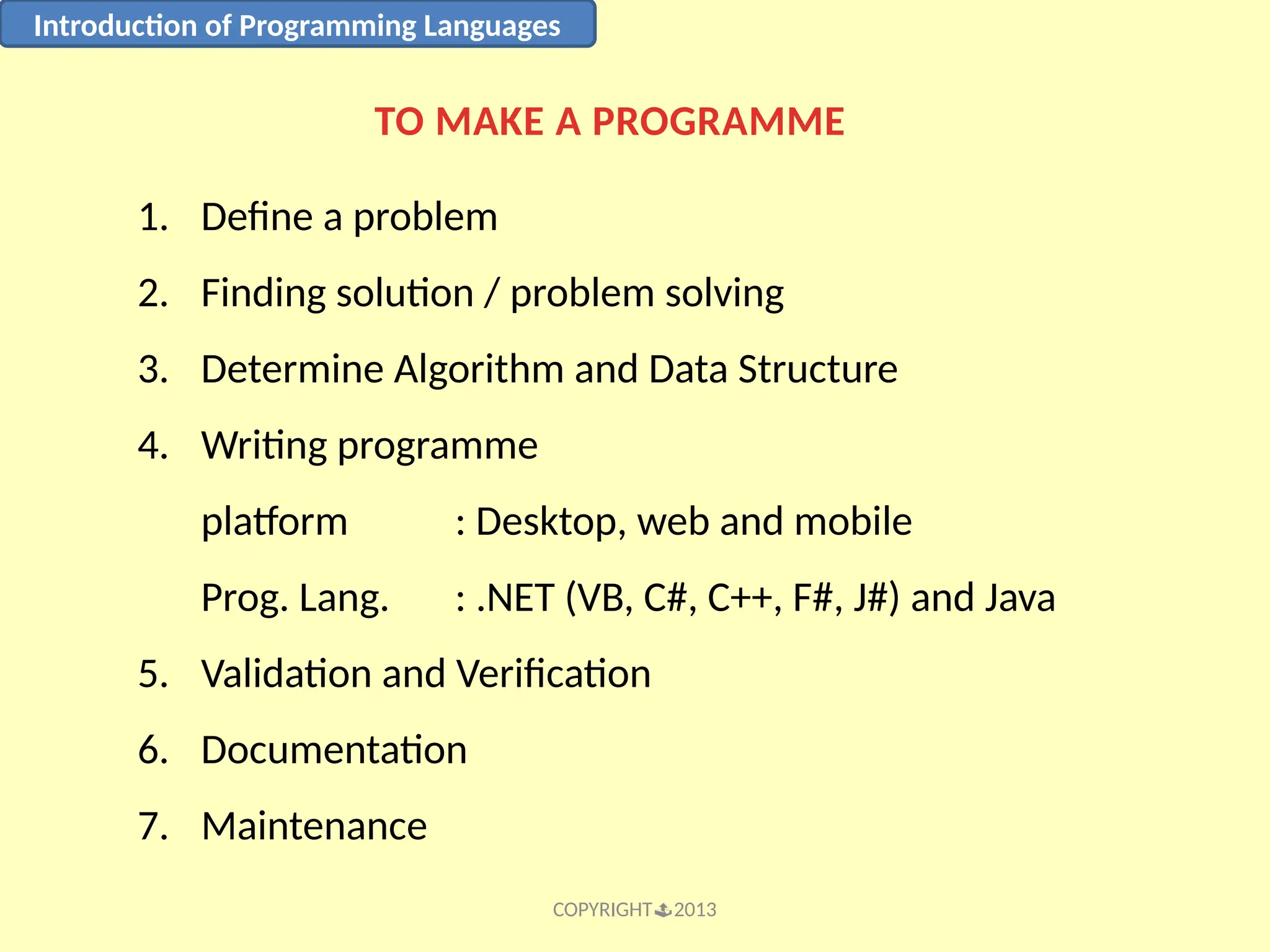 COPYRIGHT2013 Introduction of Programming Languages TO MAKE A PROGRAMME 1. Define a problem 2. Finding solution / problem solving 3. Determine Algorithm and Data Structure 4. Writing programme platform : Desktop, web and mobile Prog. Lang. : .NET (VB, C#, C++, F#, J#) and Java 5. Validation and Verification 6. Documentation 7. Maintenance 
