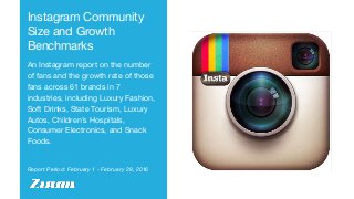 Report Period: February 1 - February 29, 2016
Instagram Community
Size and Growth
Benchmarks
An Instagram report on the number
of fans and the growth rate of those
fans across 61 brands in 7
industries, including Luxury Fashion,
Soft Drinks, State Tourism, Luxury
Autos, Children’s Hospitals,
Consumer Electronics, and Snack
Foods.
 