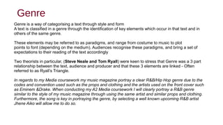 Genre
Genre is a way of categorising a text through style and form
A text is classified in a genre through the identification of key elements which occur in that text and in
others of the same genre.
These elements may be referred to as paradigms, and range from costume to music to plot
points to font (depending on the medium). Audiences recognise these paradigms, and bring a set of
expectations to their reading of the text accordingly
Two theorists in particular, (Steve Neale and Tom Ryall) were keen to stress that Genre was a 3 part
relationship between the text, audience and producer and that these 3 elements are linked - Often
referred to as Ryall’s Triangle.
In regards to my Media coursework my music magazine portray a clear R&B/Hip Hop genre due to the
codes and convention used such as the props and clothing and the artists used on the front cover such
as Eminem &Drake. When conducting my A2 Media coursework I will clearly portray a R&B genre
similar to the style of my music magazine through using the same artist and similar props and clothing.
Furthermore, the song is key in portraying the genre, by selecting a well known upcoming R&B artist
Jhene Aiko will allow me to do so.
 