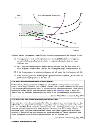 Consider the cost and revenue curves facing a business in the short run in the diagram above.
 Average revenue (AR) and marginal revenue curves (MR) lies below average cost
across the full range of output, so whatever output produced, the business faces
making a loss.
 At P1 and Q1 (where marginal revenue equals marginal cost), the firm would shut
down as price is less than AVC. The loss per unit of producing is vertical distance AC.
 If the firm shuts down production the loss per unit will equal the fixed cost per unit AB.
 In the short-run, provided that the price is greater than or equal to P2, the business can
justify continuing to produce in the short run.
Case Study: Northern Foods decides to mothball a factory
Northern Foods, which supplies Marks and Spencer, is to mothball a factory making ready-meals
because it is no longer economical. They said that, whilst the plant had been profitable in recent years
it was no longer generating enough money to give an adequate return to shareholders. Some analysts
have argued that the decision might be due to the effects of the monopsony power of Marks and
Spencer which has demanded discounts of up to 6% from its top suppliers including Northern Foods.
Source: Adapted from news reports, May 2008
Case Study: Bitter blow for beer drinkers as pubs call last orders
It is a bitter blow for the licensed trade but 1.2 million fewer pints of beer are being drunk every day
in Britain this year compared to last and over forty pubs a week are calling last orders for the final
time. The British Beer & Pub Association blames mounting costs - including pub rents, wages and higher
wholesale prices for beers and other drinks - together with sinking sales due to falling consumer
confidence, higher beer prices and impact of the smoking ban. But the biggest villains of the peace
according to the pubs are the major supermarkets whose cheap beer has created a significant price
wedge between the cost of drinking at home or having a few jars down the local.
Source: Tutor2u economics blog, May 2009
Recession and factory closures
Costs,
Revenues
Output (Q)Q1
MC
AVC
AR
MR
P1
AC1
A
B
C
P1 is below average variable cost
P2
ATC
 