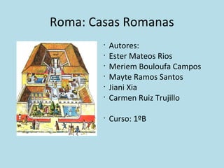 Roma: Casas Romanas
•
Autores:
•
Ester Mateos Rios
•
Meriem Bouloufa Campos
•
Mayte Ramos Santos
•
Jiani Xia
•
Carmen Ruiz Trujillo
•
Curso: 1ºB
 