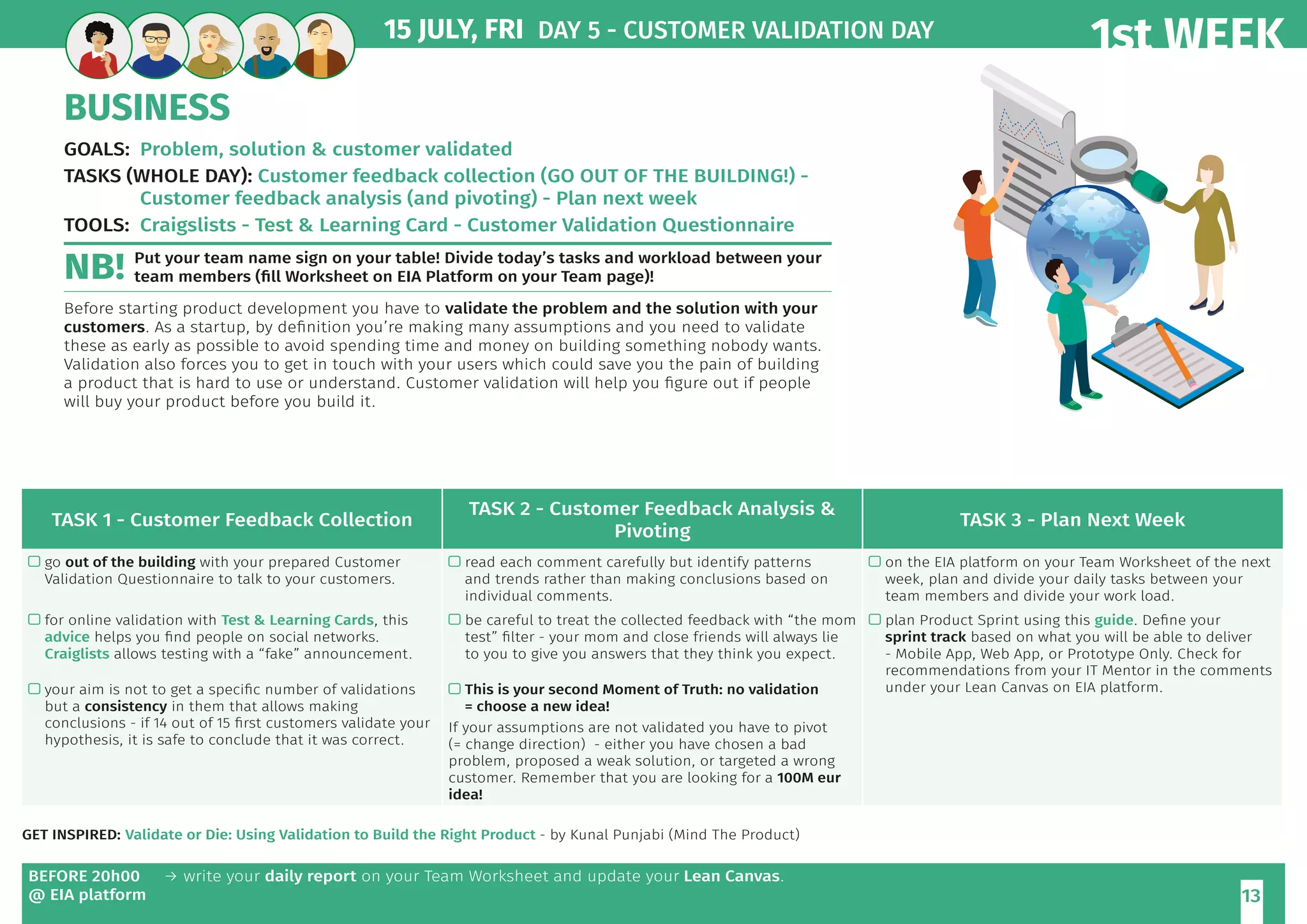 1st WEEK
13
BUSINESS
GOALS:	 Problem, solution  customer validated
TASKS (WHOLE DAY): Customer feedback collection (GO OUT OF THE BUILDING!) -
Customer feedback analysis (and pivoting) - Plan next week
TOOLS:	 Craigslists - Test  Learning Card - Customer Validation Questionnaire
Put your team name sign on your table! Divide today’s tasks and workload between your
team members (fill Worksheet on EIA Platform on your Team page)!
Before starting product development you have to validate the problem and the solution with your
customers. As a startup, by definition you’re making many assumptions and you need to validate
these as early as possible to avoid spending time and money on building something nobody wants.
Validation also forces you to get in touch with your users which could save you the pain of building
a product that is hard to use or understand. Customer validation will help you figure out if people
will buy your product before you build it.
15 JULY, FRI DAY 5 - CUSTOMER VALIDATION DAY
BEFORE 20h00
@ EIA platform
→ write your daily report on your Team Worksheet and update your Lean Canvas.
TASK 1 - Customer Feedback Collection
TASK 2 - Customer Feedback Analysis 
Pivoting
TASK 3 - Plan Next Week
 go out of the building with your prepared Customer
Validation Questionnaire to talk to your customers.
 read each comment carefully but identify patterns
and trends rather than making conclusions based on
individual comments.
 on the EIA platform on your Team Worksheet of the next
week, plan and divide your daily tasks between your
team members and divide your work load.
 for online validation with Test  Learning Cards, this
advice helps you find people on social networks.
Craiglists allows testing with a “fake” announcement.
 be careful to treat the collected feedback with “the mom
test” filter - your mom and close friends will always lie
to you to give you answers that they think you expect.
 plan Product Sprint using this guide. Define your
sprint track based on what you will be able to deliver
- Mobile App, Web App, or Prototype Only. Check for
recommendations from your IT Mentor in the comments
under your Lean Canvas on EIA platform. your aim is not to get a specific number of validations
but a consistency in them that allows making
conclusions - if 14 out of 15 first customers validate your
hypothesis, it is safe to conclude that it was correct.
 This is your second Moment of Truth: no validation
= choose a new idea!
If your assumptions are not validated you have to pivot
(= change direction) - either you have chosen a bad
problem, proposed a weak solution, or targeted a wrong
customer. Remember that you are looking for a 100M eur
idea!
GET INSPIRED: Validate or Die: Using Validation to Build the Right Product - by Kunal Punjabi (Mind The Product)
NB!
 