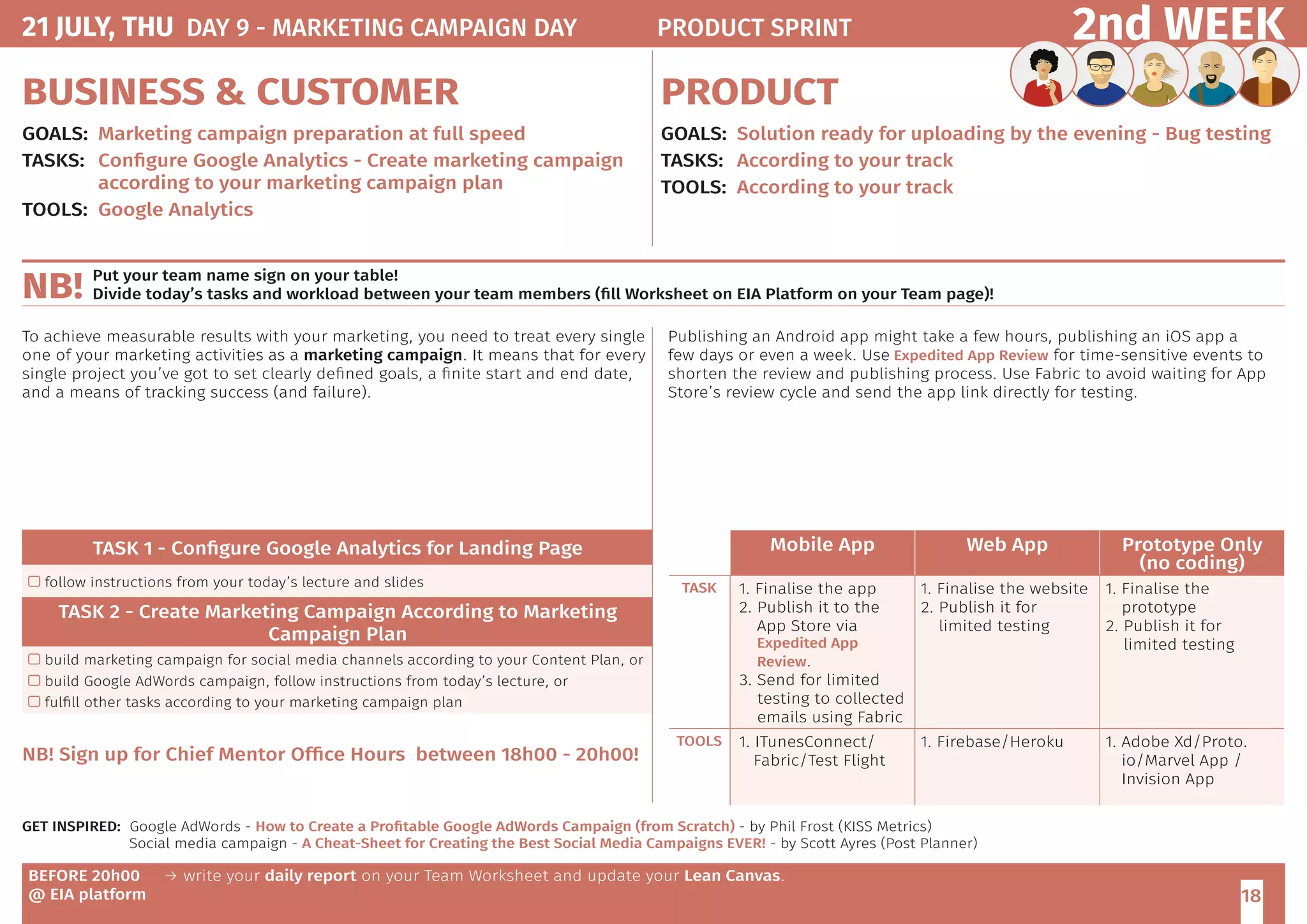 18
2nd WEEK
BUSINESS  CUSTOMER
GOALS:	 Marketing campaign preparation at full speed
TASKS: 	 Configure Google Analytics - Create marketing campaign
according to your marketing campaign plan
TOOLS:	 Google Analytics
PRODUCT
GOALS:	 Solution ready for uploading by the evening - Bug testing
TASKS: 	 According to your track
TOOLS:	 According to your track
BEFORE 20h00
@ EIA platform
→ write your daily report on your Team Worksheet and update your Lean Canvas.
TASK 1 - Configure Google Analytics for Landing Page
 follow instructions from your today’s lecture and slides
TASK 2 - Create Marketing Campaign According to Marketing
Campaign Plan
 build marketing campaign for social media channels according to your Content Plan, or
 build Google AdWords campaign, follow instructions from today’s lecture, or
 fulfill other tasks according to your marketing campaign plan
NB! Sign up for Chief Mentor Office Hours between 18h00 - 20h00!
GET INSPIRED: Google AdWords - How to Create a Profitable Google AdWords Campaign (from Scratch) - by Phil Frost (KISS Metrics)
	 Social media campaign - A Cheat-Sheet for Creating the Best Social Media Campaigns EVER! - by Scott Ayres (Post Planner)
Publishing an Android app might take a few hours, publishing an iOS app a
few days or even a week. Use Expedited App Review for time-sensitive events to
shorten the review and publishing process. Use Fabric to avoid waiting for App
Store’s review cycle and send the app link directly for testing.
To achieve measurable results with your marketing, you need to treat every single
one of your marketing activities as a marketing campaign. It means that for every
single project you’ve got to set clearly defined goals, a finite start and end date,
and a means of tracking success (and failure).
Put your team name sign on your table!
Divide today’s tasks and workload between your team members (fill Worksheet on EIA Platform on your Team page)!NB!
Mobile App Web App Prototype Only
(no coding)
TASK 1. Finalise the app
2. Publish it to the
App Store via
Expedited App
Review.
3. Send for limited
testing to collected
emails using Fabric
1. Finalise the website
2. Publish it for
limited testing
1. Finalise the
prototype
2. Publish it for
limited testing
TOOLS 1. ITunesConnect/
Fabric/Test Flight
1. Firebase/Heroku 1. Adobe Xd/Proto.
io/Marvel App /
Invision App
21 JULY, THU DAY 9 - MARKETING CAMPAIGN DAY	 PRODUCT SPRINT
 
