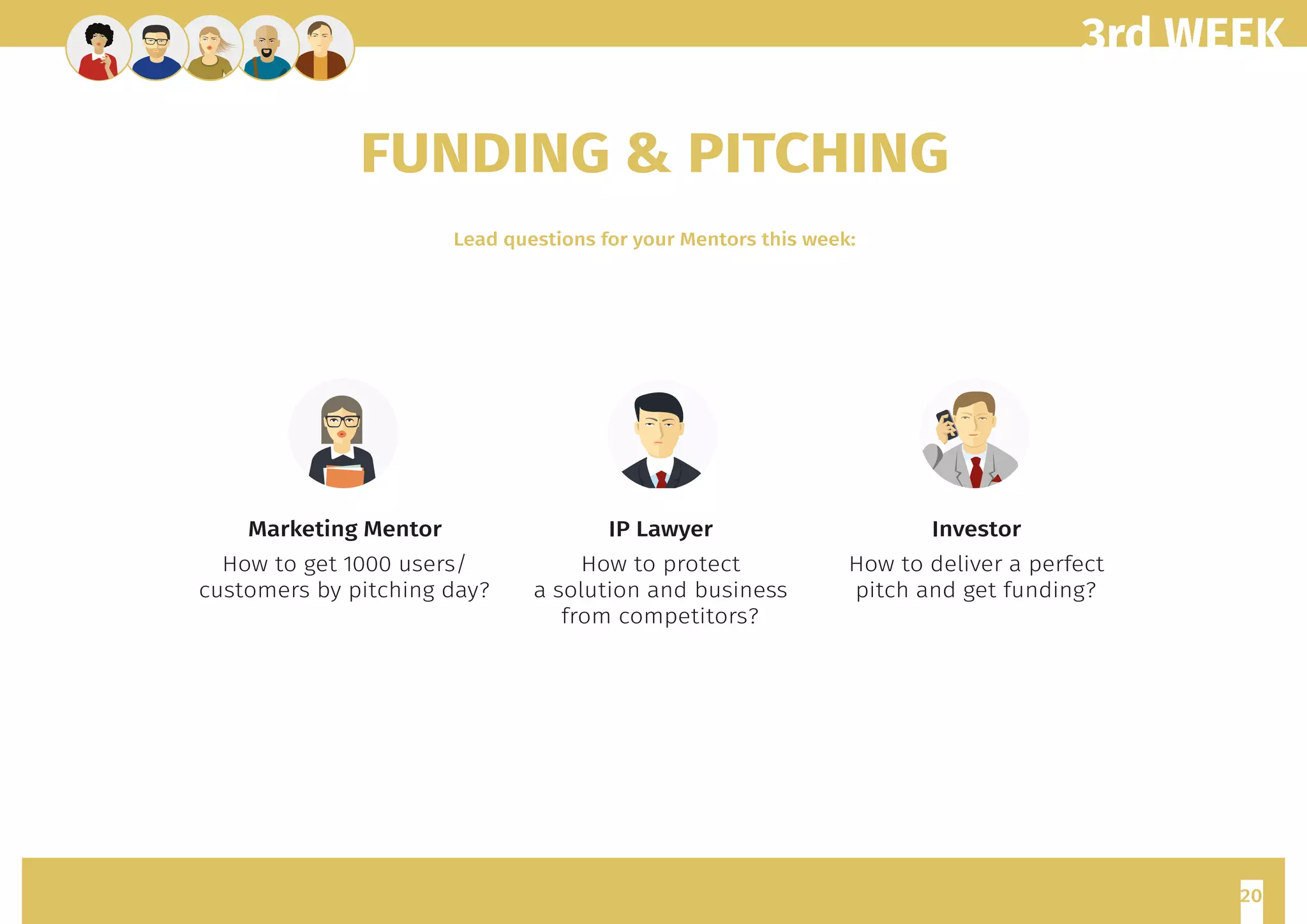 20
3rd WEEK
FUNDING  PITCHING
Lead questions for your Mentors this week:
Marketing Mentor
How to get 1000 users/
customers by pitching day?
IP Lawyer
How to protect
a solution and business
from competitors?
Investor
How to deliver a perfect
pitch and get funding?
 