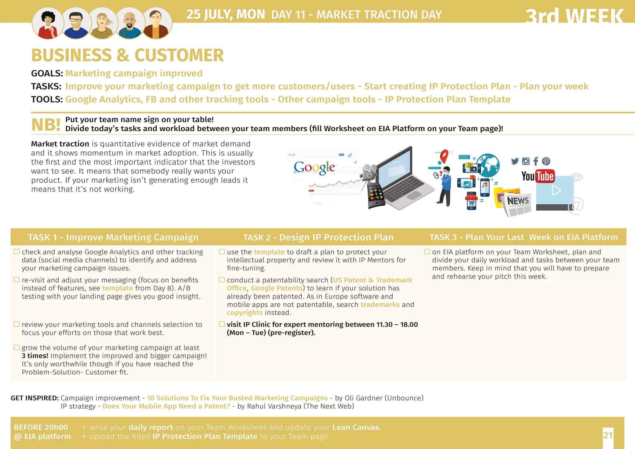 21
3rd WEEK
GET INSPIRED: Campaign improvement - 10 Solutions To Fix Your Busted Marketing Campaigns - by Oli Gardner (Unbounce)
IP strategy - Does Your Mobile App Need a Patent? - by Rahul Varshneya (The Next Web)
TASK 1 - Improve Marketing Campaign TASK 2 - Design IP Protection Plan TASK 3 - Plan Your Last Week on EIA Platform
 check and analyse Google Analytics and other tracking
data (social media channels) to identify and address
your marketing campaign issues.
 use the template to draft a plan to protect your
intellectual property and review it with IP Mentors for
fine-tuning.
 on EIA platform on your Team Worksheet, plan and
divide your daily workload and tasks between your team
members. Keep in mind that you will have to prepare
and rehearse your pitch this week.
 re-visit and adjust your messaging (focus on benefits
instead of features, see template from Day 8). A/B
testing with your landing page gives you good insight.
 conduct a patentability search (US Patent  Trademark
Office, Google Patents) to learn if your solution has
already been patented. As in Europe software and
mobile apps are not patentable, search trademarks and
copyrights instead.
 review your marketing tools and channels selection to
focus your efforts on those that work best.
 visit IP Clinic for expert mentoring between 11.30 – 18.00
(Mon – Tue) (pre-register).
 grow the volume of your marketing campaign at least
3 times! Implement the improved and bigger campaign!
It’s only worthwhile though if you have reached the
Problem-Solution- Customer fit.
25 JULY, MON	 DAY 11 - MARKET TRACTION DAY
BUSINESS  CUSTOMER
GOALS:	Marketing campaign improved
TASKS:	Improve your marketing campaign to get more customers/users - Start creating IP Protection Plan - Plan your week
TOOLS:	Google Analytics, FB and other tracking tools - Other campaign tools - IP Protection Plan Template
BEFORE 20h00
@ EIA platform
→ write your daily report on your Team Worksheet and update your Lean Canvas.
→ upload the filled IP Protection Plan Template to your Team page.
Market traction is quantitative evidence of market demand
and it shows momentum in market adoption. This is usually
the first and the most important indicator that the investors
want to see. It means that somebody really wants your
product. If your marketing isn’t generating enough leads it
means that it’s not working.
Put your team name sign on your table!
Divide today’s tasks and workload between your team members (fill Worksheet on EIA Platform on your Team page)!NB!
 