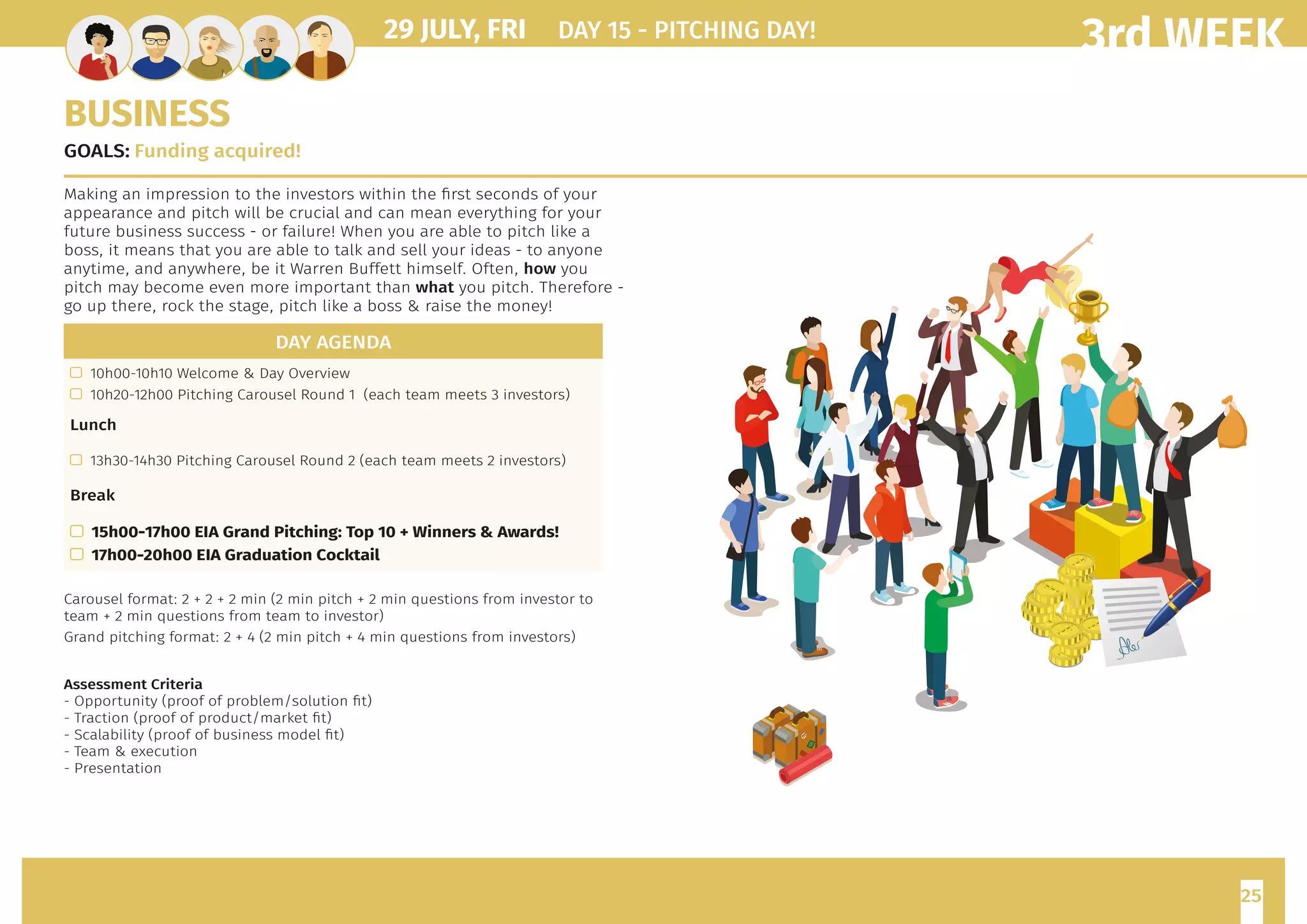 25
3rd WEEK
Assessment Criteria
- Opportunity (proof of problem/solution fit)
- Traction (proof of product/market fit)
- Scalability (proof of business model fit)
- Team  execution
- Presentation
DAY AGENDA
 10h00-10h10 Welcome  Day Overview
 10h20-12h00 Pitching Carousel Round 1 (each team meets 3 investors)
Lunch
 13h30-14h30 Pitching Carousel Round 2 (each team meets 2 investors)	
Break
 15h00-17h00 EIA Grand Pitching: Top 10 + Winners  Awards!
 17h00-20h00 EIA Graduation Cocktail
29 JULY, FRI	 DAY 15 - PITCHING DAY!	
BUSINESS
GOALS:	Funding acquired!
Making an impression to the investors within the first seconds of your
appearance and pitch will be crucial and can mean everything for your
future business success - or failure! When you are able to pitch like a
boss, it means that you are able to talk and sell your ideas - to anyone
anytime, and anywhere, be it Warren Buffett himself. Often, how you
pitch may become even more important than what you pitch. Therefore -
go up there, rock the stage, pitch like a boss  raise the money!
Carousel format: 2 + 2 + 2 min (2 min pitch + 2 min questions from investor to
team + 2 min questions from team to investor)
Grand pitching format: 2 + 4 (2 min pitch + 4 min questions from investors)
 