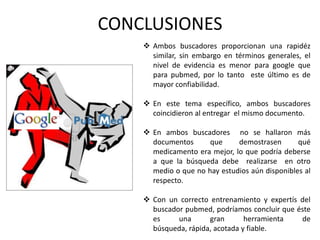 CONCLUSIONES
     Ambos buscadores proporcionan una rapidéz
      similar, sin embargo en términos generales, el
      nivel de evidencia es menor para google que
      para pubmed, por lo tanto este último es de
      mayor confiabilidad.

     En este tema específico, ambos buscadores
      coincidieron al entregar el mismo documento.

     En ambos buscadores no se hallaron más
      documentos      que     demostrasen       qué
      medicamento era mejor, lo que podría deberse
      a que la búsqueda debe realizarse en otro
      medio o que no hay estudios aún disponibles al
      respecto.

     Con un correcto entrenamiento y expertís del
      buscador pubmed, podríamos concluir que éste
      es     una      gran       herramienta   de
      búsqueda, rápida, acotada y fiable.
 
