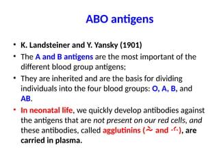 • K. Landsteiner and Y. Yansky (1901)
• The A and B antigens are the most important of the
different blood group antigens;
• They are inherited and are the basis for dividing
individuals into the four blood groups: O, A, B, and
AB.
• In neonatal life, we quickly develop antibodies against
the antigens that are not present on our red cells, and
these antibodies, called agglutinins ( and ), are
carried in plasma.
ABO antigens
 
