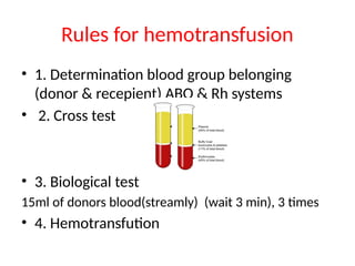 Rules for hemotransfusion
• 1. Determination blood group belonging
(donor & recepient) ABO & Rh systems
• 2. Cross test
• 3. Biological test
15ml of donors blood(streamly) (wait 3 min), 3 times
• 4. Hemotransfution
 