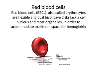 Red blood cells
Red blood cells (RBCs), also called erythrocytes
are flexible and oval biconcave disks lack a cell
nucleus and most organelles, in order to
accommodate maximum space for hemoglobin
 