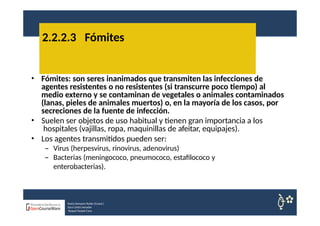 • Fómites: son seres inanimados que transmiten las infecciones de
agentes resistentes o no resistentes (si transcurre poco tiempo) al
medio externo y se contaminan de vegetales o animales contaminados
(lanas, pieles de animales muertos) o, en la mayoría de los casos, por
secreciones de la fuente de infección.
• Suelen ser objetos de uso habitual y tienen gran importancia a los
hospitales (vajillas, ropa, maquinillas de afeitar, equipajes).
• Los agentes transmitidos pueden ser:
– Virus (herpesvirus, rinovirus, adenovirus)
– Bacterias (meningococo, pneumococo, estafilococo y
enterobacterias).
2.2.2.3 Fómites
Nuria Sempere Rubio (Coord.)
Sara Cortes Amador
Raquel Faubel Cava
 