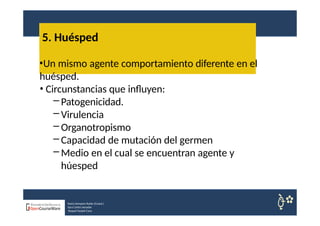 5. Huésped
Nuria Sempere Rubio (Coord.)
Sara Cortes Amador
Raquel Faubel Cava
•Un mismo agente comportamiento diferente en el
huésped.
• Circunstancias que influyen:
– Patogenicidad.
– Virulencia
– Organotropismo
– Capacidad de mutación del germen
– Medio en el cual se encuentran agente y
húesped
 