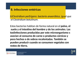 8. Infecciones entéricas
Nuria Sempere Rubio (Coord.)
Sara Cortes Amador
Raquel Faubel Cava
b)Clostridium perfrigens: bacteria anaeróbica, igual que
el Clostridium botulinum.
Estas bacterias habitan de forma natural en el polvo, el
suelo y el intestino del hombre y de los animales. Las
toxiinfecciones producidas por este microorganismo s
asocian al consumo de carne o productos cárnicos y
poco hechos o de sobras recalentadas. También se
pueden producir cuando se consumen vegetales con
restos de tierra.
 