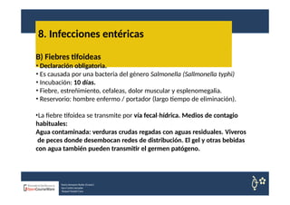 8. Infecciones entéricas
Nuria Sempere Rubio (Coord.)
Sara Cortes Amador
Raquel Faubel Cava
B) Fiebres tifoideas
• Declaración obligatoria.
• Es causada por una bacteria del género Salmonella (Sallmonella typhi)
• Incubación: 10 días.
• Fiebre, estreñimiento, cefaleas, dolor muscular y esplenomegalia.
• Reservorio: hombre enfermo / portador (largo tiempo de eliminación).
•La fiebre tifoidea se transmite por vía fecal hídrica.
‐ Medios de contagio
habituales:
Agua contaminada: verduras crudas regadas con aguas residuales. Viveros
de peces donde desembocan redes de distribución. El gel y otras bebidas
con agua también pueden transmitir el germen patógeno.
 