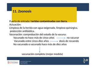 11. Zoonosis
Puerta de entrada: heridas contaminadas con tierra.
Actuación:
Limpieza de la herida con agua oxigenada, limpieza quirúrgica,
protección antibiótica.
Vacunación: comprobación del estado de la vacuna:
Vacunado no hace más de cinco años
Vacunado entre cinco diez
‐ años
no vacunar
dosis de recuerdo
No vacunado o vacunado hace más de diez años
vacunación completa (mejor medida)
Nuria Sempere Rubio (Coord.)
Sara Cortes Amador
Raquel Faubel Cava
 