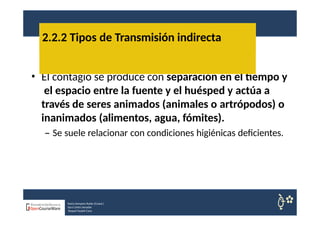• El contagio se produce con separación en el tiempo y
el espacio entre la fuente y el huésped y actúa a
través de seres animados (animales o artrópodos) o
inanimados (alimentos, agua, fómites).
– Se suele relacionar con condiciones higiénicas deficientes.
2.2.2 Tipos de Transmisión indirecta
Nuria Sempere Rubio (Coord.)
Sara Cortes Amador
Raquel Faubel Cava
 