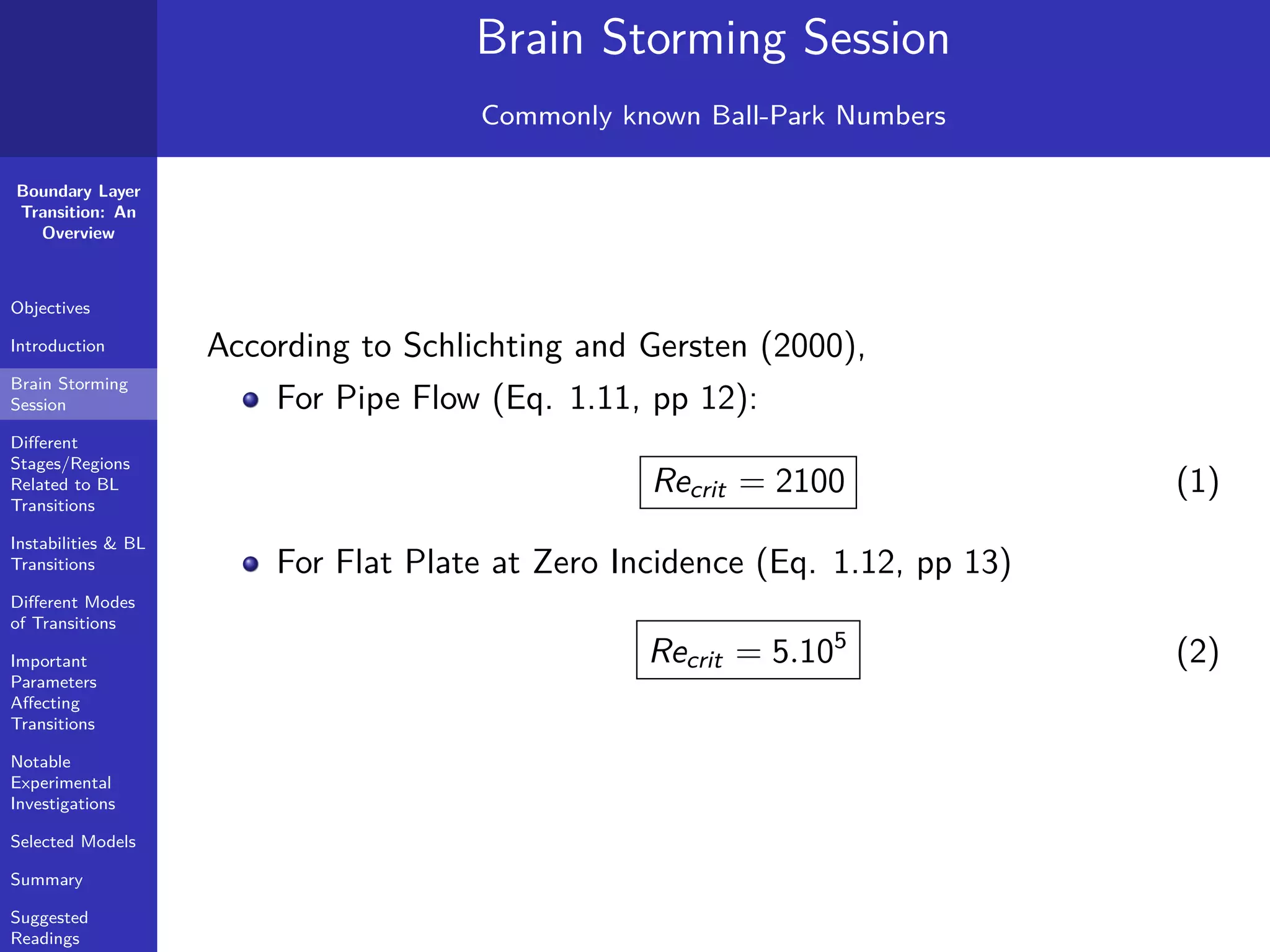 Boundary Layer
Transition: An
Overview
Objectives
Introduction
Brain Storming
Session
Diﬀerent
Stages/Regions
Related to BL
Transitions
Instabilities & BL
Transitions
Diﬀerent Modes
of Transitions
Important
Parameters
Aﬀecting
Transitions
Notable
Experimental
Investigations
Selected Models
Summary
Suggested
Readings
Brain Storming Session
Commonly known Ball-Park Numbers
According to Schlichting and Gersten (2000),
For Pipe Flow (Eq. 1.11, pp 12):
Recrit = 2100 (1)
For Flat Plate at Zero Incidence (Eq. 1.12, pp 13)
Recrit = 5.105
(2)
 