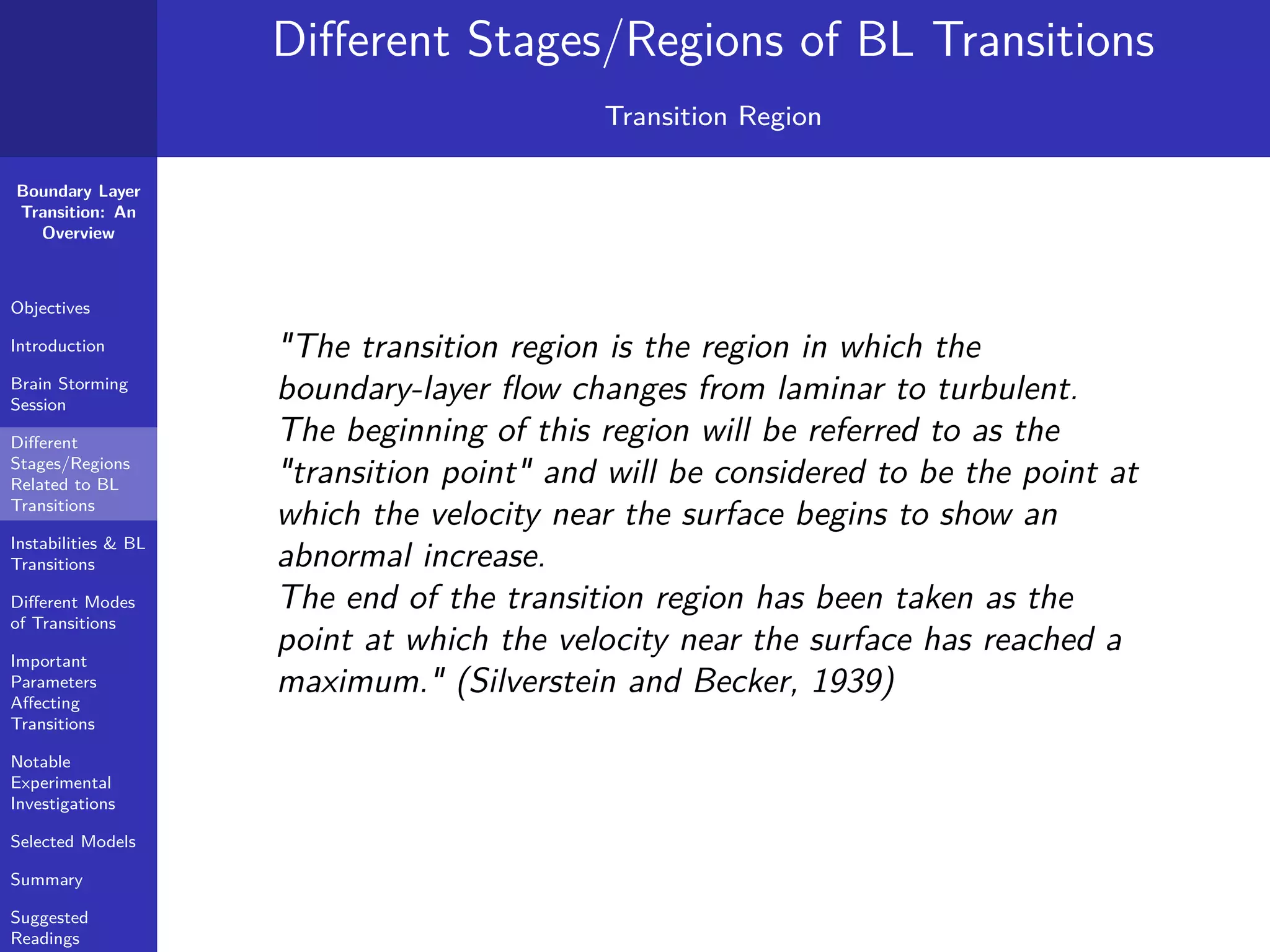 Boundary Layer
Transition: An
Overview
Objectives
Introduction
Brain Storming
Session
Diﬀerent
Stages/Regions
Related to BL
Transitions
Instabilities & BL
Transitions
Diﬀerent Modes
of Transitions
Important
Parameters
Aﬀecting
Transitions
Notable
Experimental
Investigations
Selected Models
Summary
Suggested
Readings
Diﬀerent Stages/Regions of BL Transitions
Transition Region
"The transition region is the region in which the
boundary-layer ﬂow changes from laminar to turbulent.
The beginning of this region will be referred to as the
"transition point" and will be considered to be the point at
which the velocity near the surface begins to show an
abnormal increase.
The end of the transition region has been taken as the
point at which the velocity near the surface has reached a
maximum." (Silverstein and Becker, 1939)
 