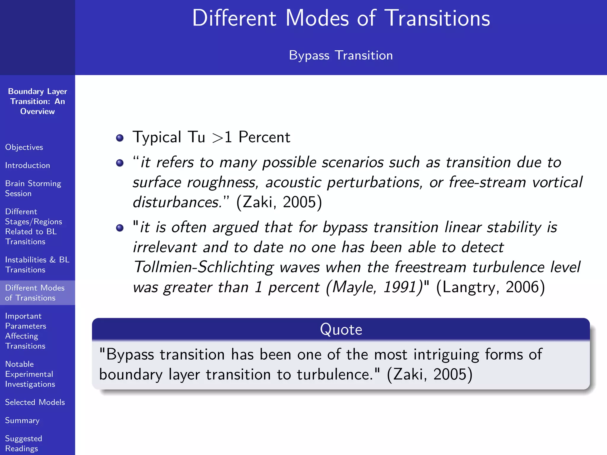 Boundary Layer
Transition: An
Overview
Objectives
Introduction
Brain Storming
Session
Diﬀerent
Stages/Regions
Related to BL
Transitions
Instabilities & BL
Transitions
Diﬀerent Modes
of Transitions
Important
Parameters
Aﬀecting
Transitions
Notable
Experimental
Investigations
Selected Models
Summary
Suggested
Readings
Diﬀerent Modes of Transitions
Bypass Transition
Typical Tu >1 Percent
“it refers to many possible scenarios such as transition due to
surface roughness, acoustic perturbations, or free-stream vortical
disturbances.” (Zaki, 2005)
"it is often argued that for bypass transition linear stability is
irrelevant and to date no one has been able to detect
Tollmien-Schlichting waves when the freestream turbulence level
was greater than 1 percent (Mayle, 1991)" (Langtry, 2006)
Quote
"Bypass transition has been one of the most intriguing forms of
boundary layer transition to turbulence." (Zaki, 2005)
 