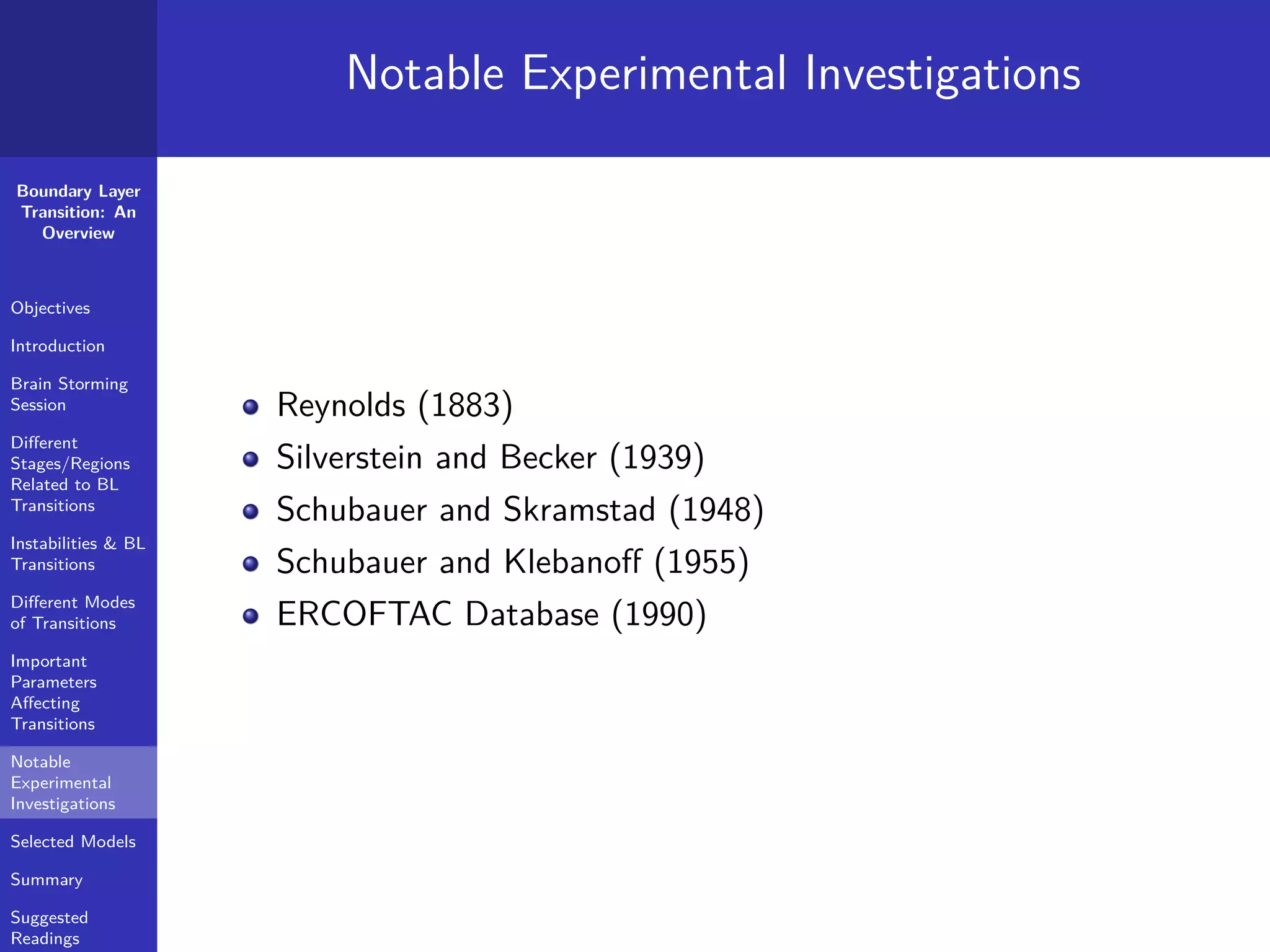 Boundary Layer
Transition: An
Overview
Objectives
Introduction
Brain Storming
Session
Diﬀerent
Stages/Regions
Related to BL
Transitions
Instabilities & BL
Transitions
Diﬀerent Modes
of Transitions
Important
Parameters
Aﬀecting
Transitions
Notable
Experimental
Investigations
Selected Models
Summary
Suggested
Readings
Notable Experimental Investigations
Reynolds (1883)
Silverstein and Becker (1939)
Schubauer and Skramstad (1948)
Schubauer and Klebanoﬀ (1955)
ERCOFTAC Database (1990)
 