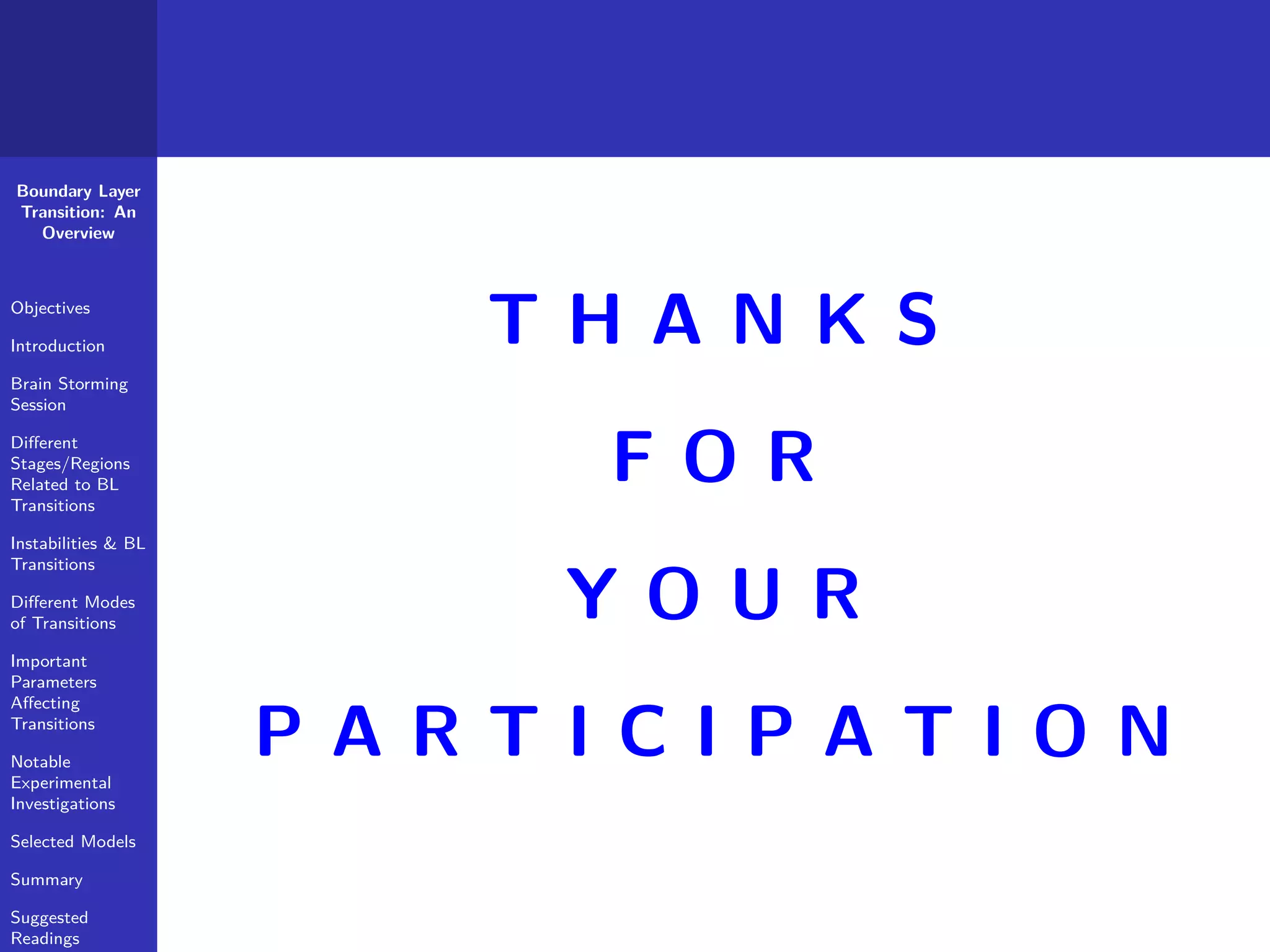 Boundary Layer
Transition: An
Overview
Objectives
Introduction
Brain Storming
Session
Diﬀerent
Stages/Regions
Related to BL
Transitions
Instabilities & BL
Transitions
Diﬀerent Modes
of Transitions
Important
Parameters
Aﬀecting
Transitions
Notable
Experimental
Investigations
Selected Models
Summary
Suggested
Readings
T H A N K S
F O R
Y O U R
P A R T I C I P A T I O N
 